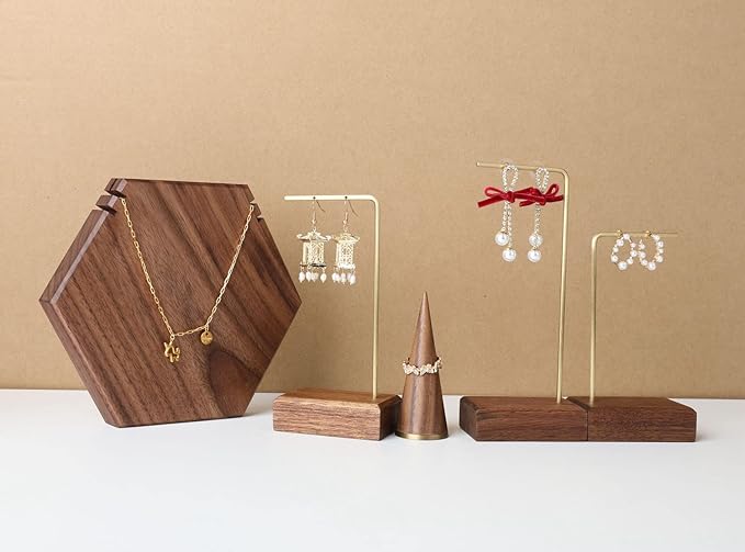 GemeShou brass earring display stands for selling, wooden ear ring holders for jewelry, single stud holder jewelry display【Walnut brass earring stand Height 5.31"】
