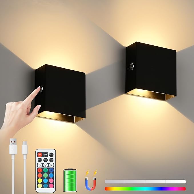 Battery Wall Sconces Set of Two, Rechargeable Colored Wall Lights with Remote, Stick Up and Down Indoor Lighting Cordless Sconce for Hallway, Black