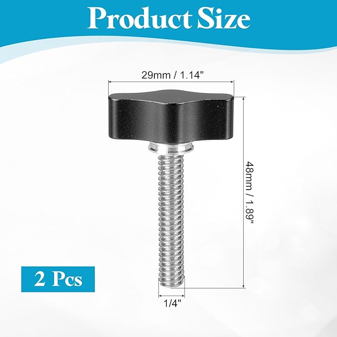 PATIKIL Clamping Screw Knob 1/4" x 1.91", 2Pcs Aluminum Alloy t Shaped Camera Thumb Screws for DSLR Flash Bracket Light Stand Adapter Action Sports Camera Mounting System, Black