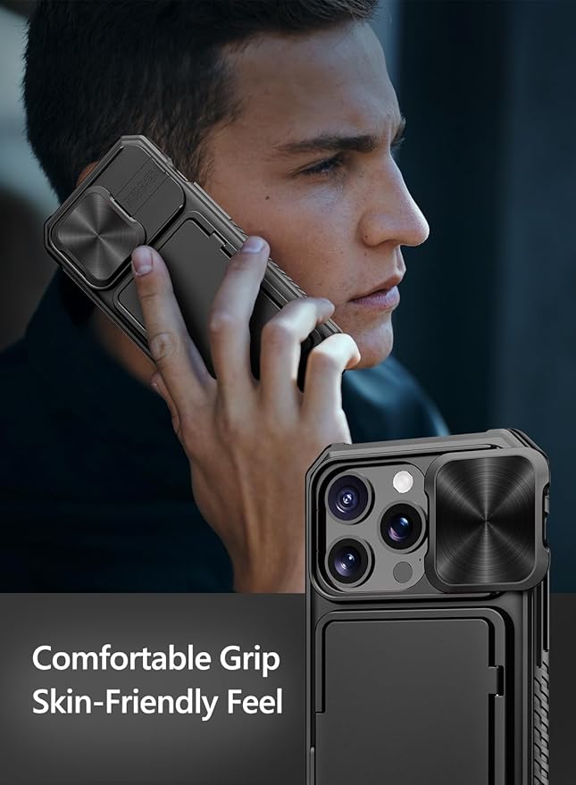 Vihibii for iPhone 15 Pro Case with Card Holder (4 Cards) & Slide Camera Cover & Kickstand, Shockproof Rugged Hard Back & TPU Soft Edge Wallet Phone Case for iPhone 15 Pro 5G 6.1" 2023, Black