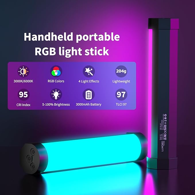 LUXCEO Handheld Light Wand, Multicolor RGB LED Video Light for Photography, 2000mAh Rechargeable Mini Light Stick Dimmable 3000K-6000K CRI95+ Professional Tube Lights for YouTube, TikTok