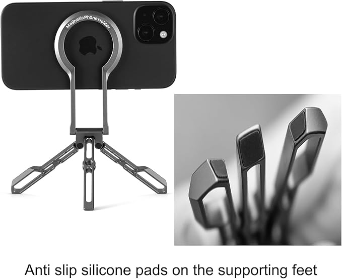 Magnetic Phone Tripod Stand, Aluminium Alloy Strong Magnet Quick Mount Foldable Mini Tripod for iPhone 17/16/15/14/13/12 Series & Android, Ultra-Light Portable Pocket Cell Phone Stand