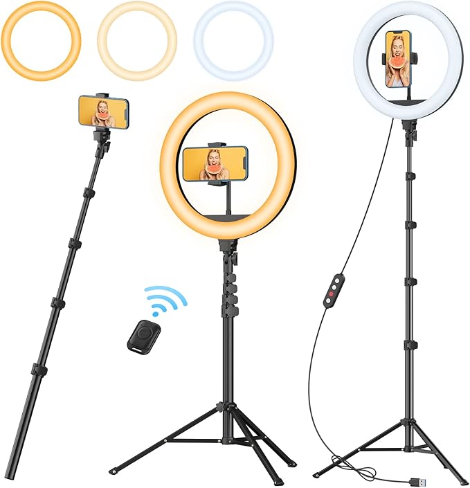 TODI 12" Ring Light with 63" extendable Tripod Stand, Selfie RingLight with Phone Holder and Selfie Remote, 2-in-1 Dimmable LED Ring Light for Makeup, Live Stream, Photography