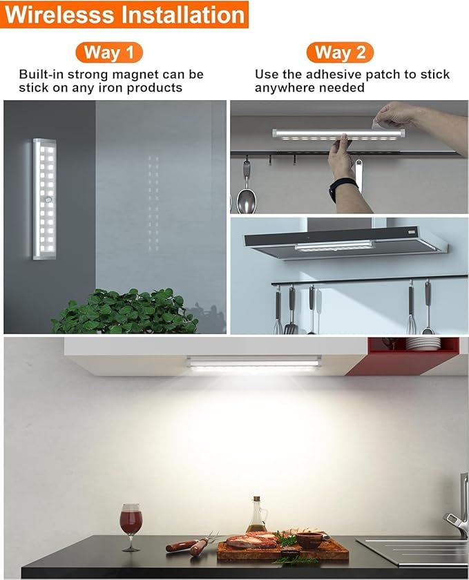 Diomart Under Cabinet Lighting, RGB Rechargeable Motion Sensor Light Indoor Night Lights, 58 -LED Remote Control Under Counter Lightis for Kitchen, Wardrobe, Hallway, Stairs, Desk(4 Pack)