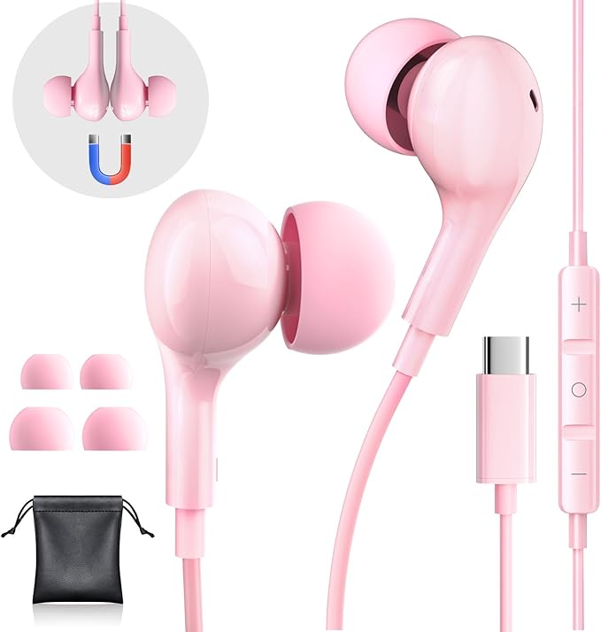 USB C Headphones Wired Earbuds for iPhone 17 16/15 Pro Max/iPad Pro, with HiFi Mic Volume Control Type C Earphones for Samsung Galaxy S25/S24/S23 Ultra, Noise Cancelling for iPhone 15 Headphones, Pink
