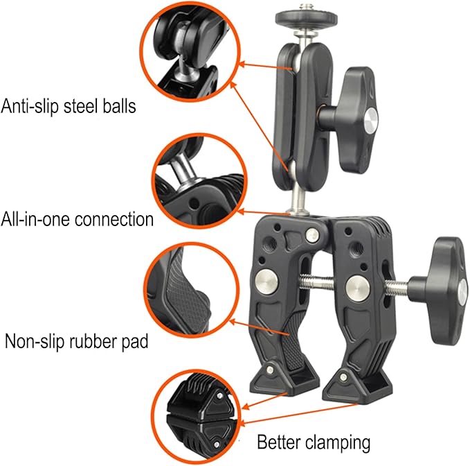 Camera Super Clamp Mount,with Magic Arm Action Camera Mount with 1/4" & 3/8" Screw Thread for Camera Cage/Lights/Monitor/Shelves/Rods/Cross Bars-A016