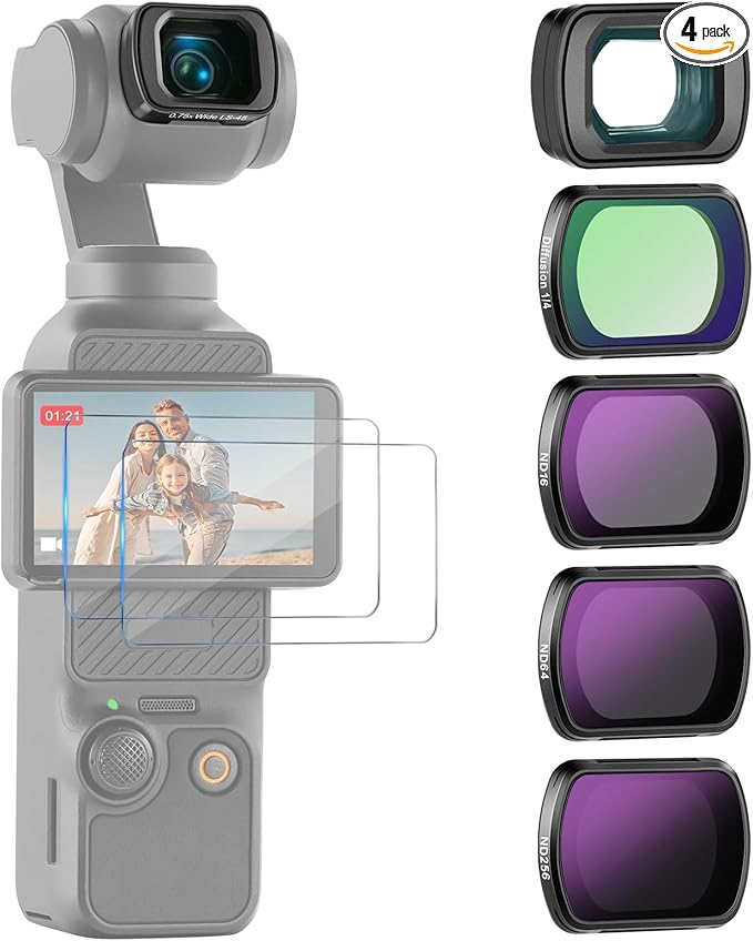 NEEWER ND Filter Set (4 Pack) Compatible with DJI Osmo Pocket 3 Creator Combo Accessories with 0.75X Wide Angle Lens & Screen Protectors, ND16 ND64 ND256 Black Diffusion 1/4 Filter, FL-B14