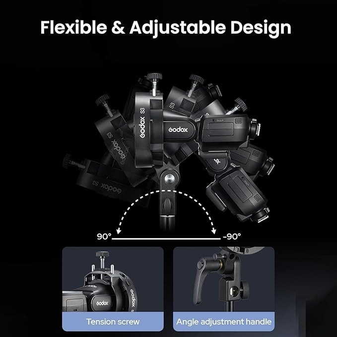 GODOX S3 Speedlite Bracket, 𝐆𝐨𝐝𝐨𝐱 𝐒𝟐 𝐔𝐩𝐠𝐫𝐚𝐝𝐞, Adjustment Angle±90°,Umbrella Hole, Bowens Mount Holder for Godox AD200Pro II AD300Pro II AD400Pro II V1 V100 V1Pro AD300Pro AD100Pro etc.