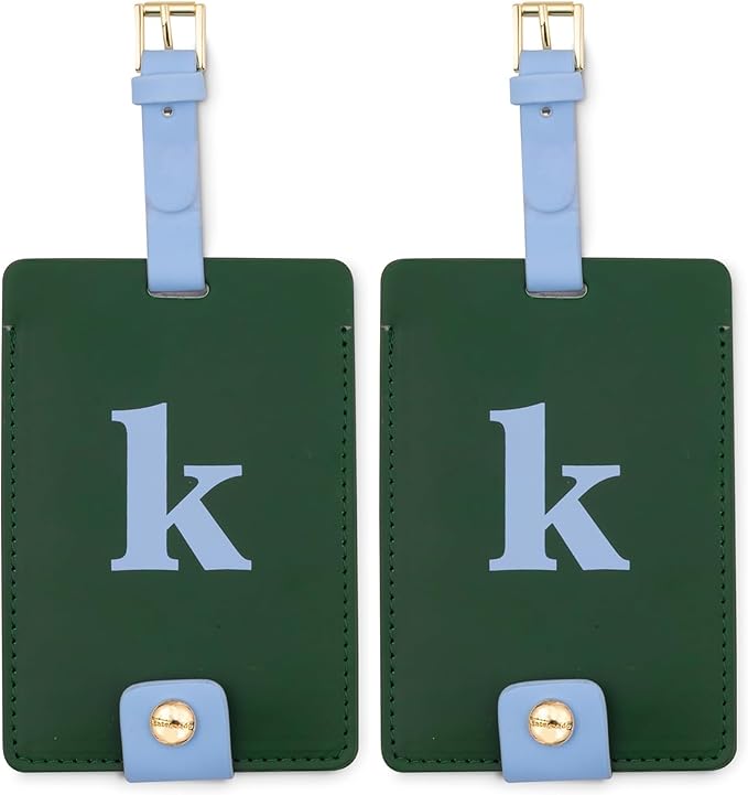 Kate Spade New York Leatherette Luggage Tag with Secure Strap, Colorful Suitcase Identifier for Travel, Monogram Bag Tag ID (K) (Pack of 2)