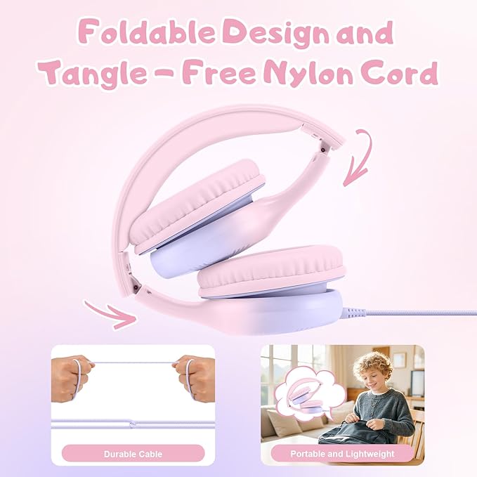 USB Type C Kids Headphones, Wired Headphones for Kids with Microphone 85/94dB Volume Limit, Stereo Sound Portable Over Ear Headphones for School/Travel/Tablet/iPad, Gradient Pink