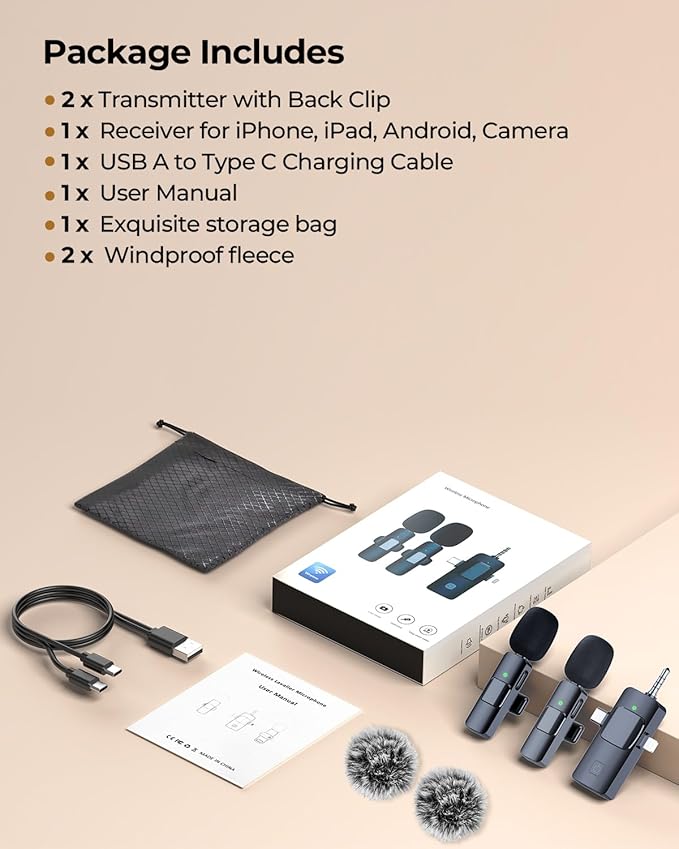 3-in-1 Microphone for iPhone, Android, Camera, Wireless Microphones, Mini Microphone, Lapel Mic with Noise Reduction, Crystal Clear Sound & 7H Battery for Vlogging, Portable Recorders