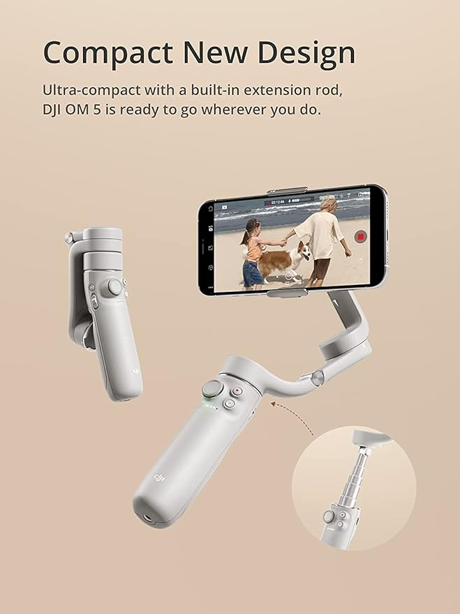 DJI OM 5 Smartphone Gimbal Stabilizer, 3-Axis Phone Gimbal, Built-In Extension Rod, Portable and Foldable, Android and iPhone Gimbal with ShotGuides, Vlogging Stabilizer, YouTube TikTok Video, Gray