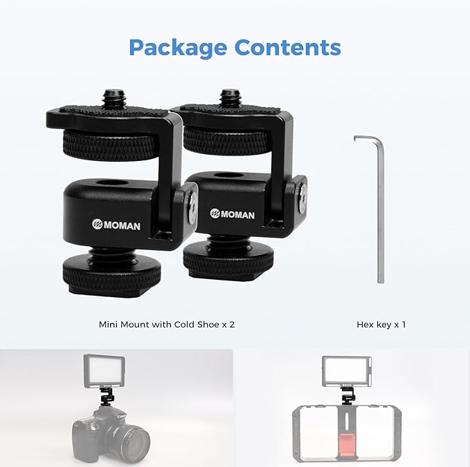 Moman Ball Head Cold Shoe Mount 1/4" Mini Adapter BH02 with 1/4"-20 Thread for Camera Microphone LED Video Light Monitor (2 Pack)