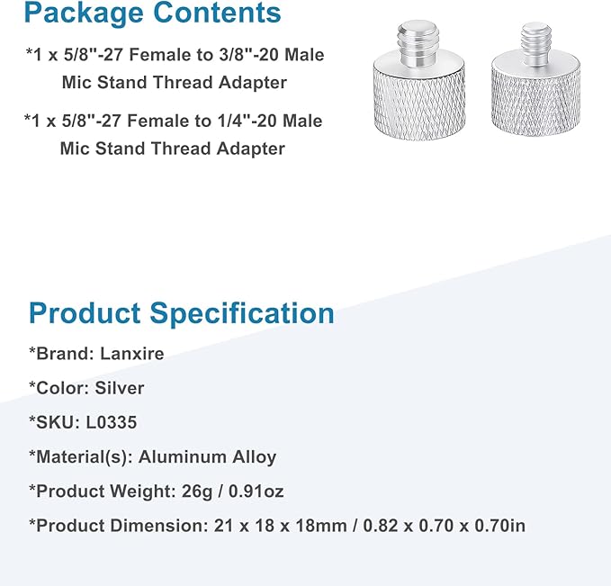 2 Pieces Mic Stand Adapter Set, 5/8" Female to 3/8" Male & 5/8" Female to 1/4" Male Screw Thread Adapter for Microphone Stand, Boom Arm, Camera Tripod, and Mic Mount (Silver)