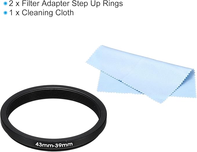 PATIKIL 43mm-39mm Metal Step Down Ring with Cleaning Cloth, 2 Pack Camera Lens Filter Adapter Ring Aluminum Filter Adapter Ring for Camera Lenses Hood, Black