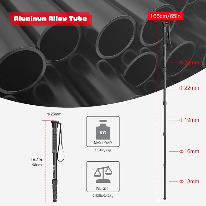 TONYBOO 65” Camera Monopod, Φ25mm 6-Section Aluminum Camera Monopod Stand, with Wrist Strap, Rubber Grip, Twist Locks, Compatible with Photography DSLR Camera Mirrorless, Load up 8kg- TE-2