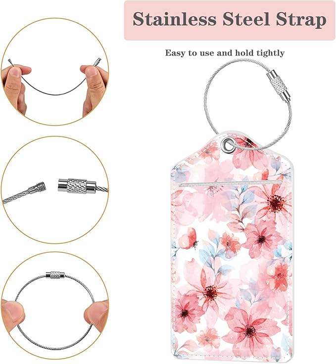 (Set of 2) Luggage Tag Leather Privacy Cover ID Label Address Card with Stainless Steel Loop, Travel Bag Tags Suitcase Labels, Misty Pink