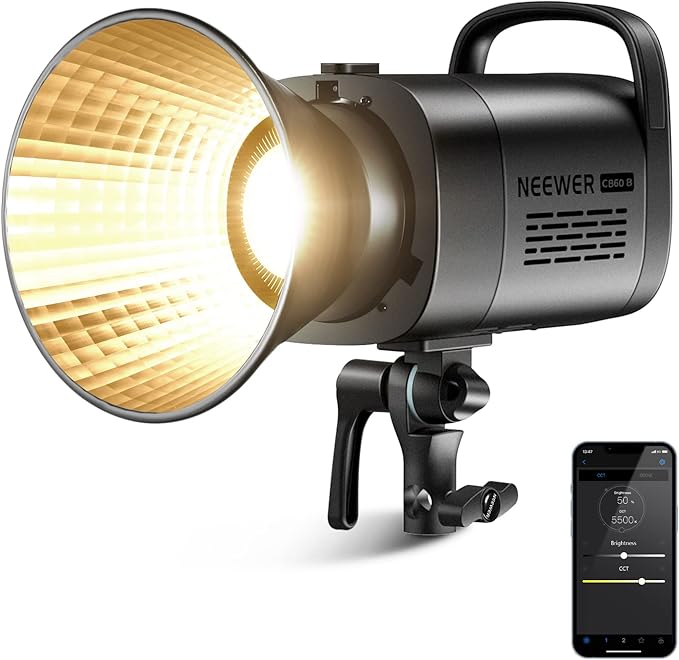 NEEWER CB60B 70W LED Video Light with 2.4G&APP Control, COB Bi Color 2700K-6500K 34000Lux at 1m/CCT CRI97+/12 Scenes/Bowens Mount, Bluetooth, with Reflector, Power Cord, Manual, Studio/Video Recording