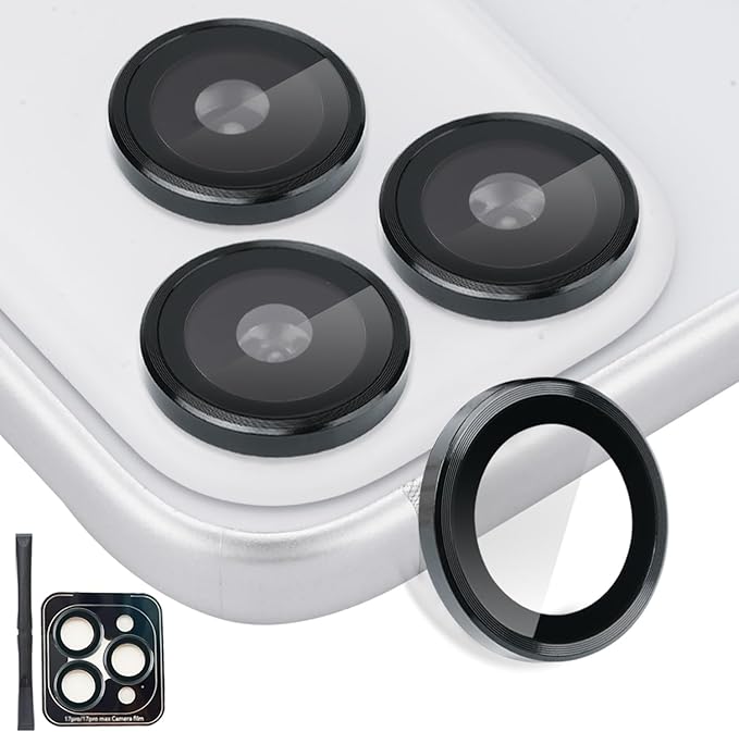 Camera Lens Protector for iPhone 17 Pro/17 Pro Max, Aluminum Alloy Tempered Glass Lens Protector with Installation Frame Fits for iPhone 17 Pro/17 Pro Max (Black)