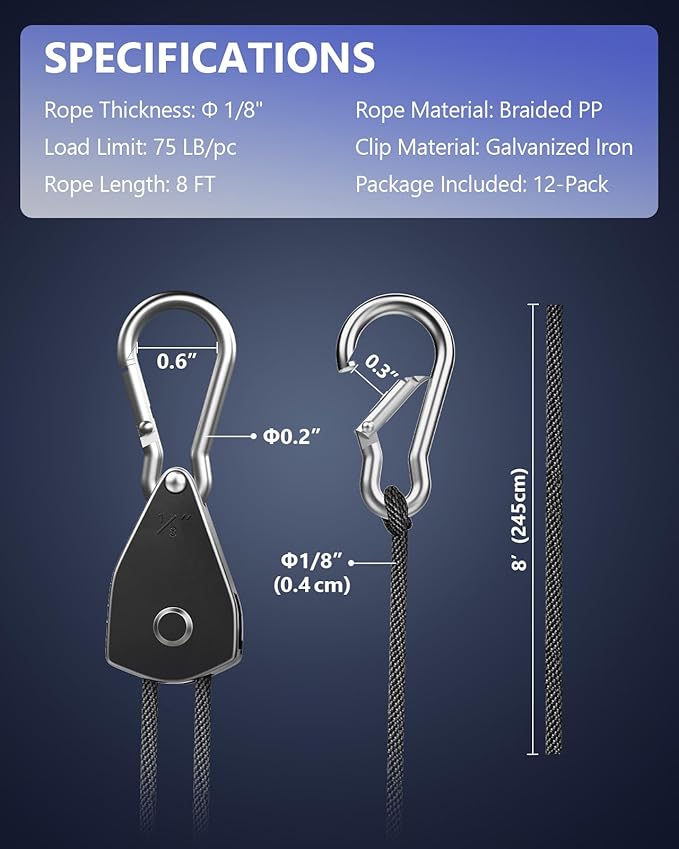 VIPARSPECTRA Retractable Heavy Duty Ratchet Tie Down Straps [12 Pack, 8ft, 75lbs/Pack], Rope Pulley System with Carabiner Hook Rope Adjuster for Hanging Plants/Grow Light/Tents Various Tie-Down Uses