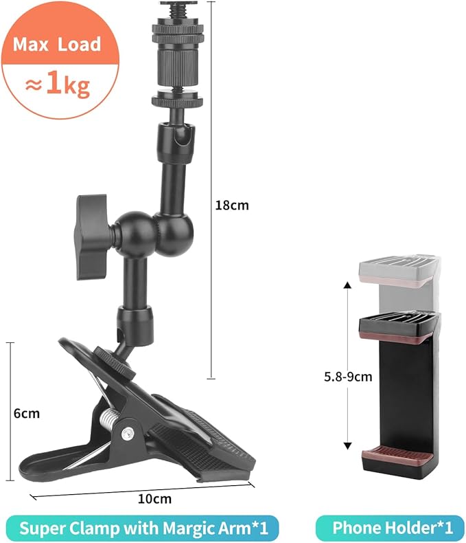 Super Clamp Camera Clamp Mount 5.5“ Magic Arm with 1/4" Thread, Articulating Friction Arm Tripod Camera Mount for DSLR Camera, Video Light