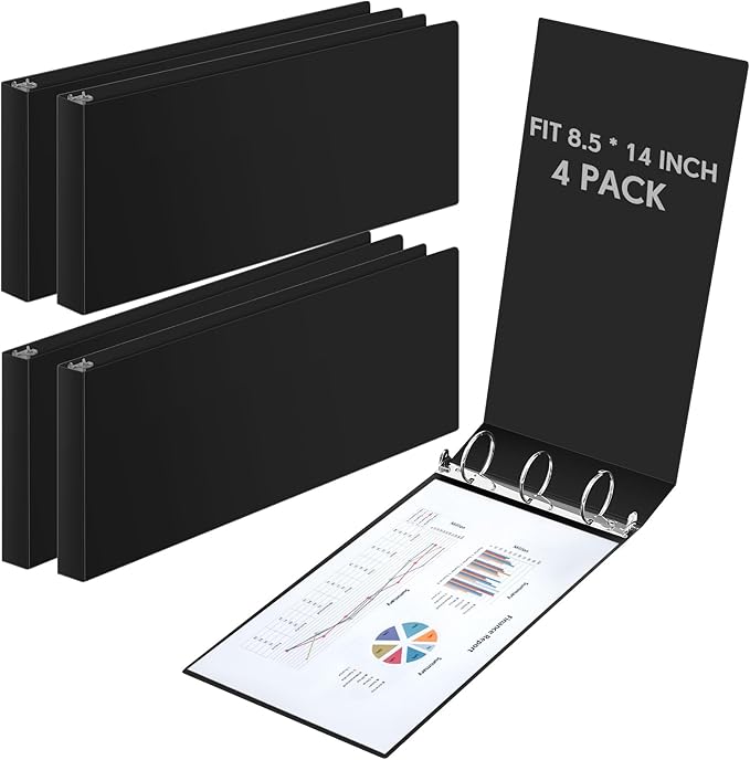 Humyoun 4 Pcs 8.5'' x 14'' Landscape 3 Ring Legal Size Binders 2 Inch Round Ring Binders Heavy Duty Economy Holds 8.5 '' x 14'' Paper for Artwork Blueprints, Office, Home, Work Places (Black)