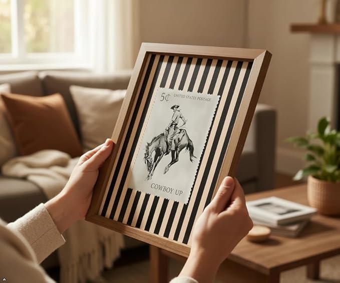 Cowboy Wall Art Framed Poster 8x10in Western Vintage Stamp Decor Rustic Farmhouse Cowboy Print Wooden Frame Picture for Bedroom Living Room Office, Desk or Wall Display with Stand & Hook, Waterproof Fade-Resistant
