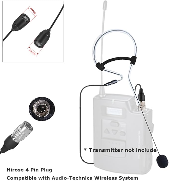 Black Single Earset Headset Microphone Headworn Over Ear Hanging Condenser Mic Compatible with Audio-Technica Wireless Bodypack Transmitter System with Hirose 4 Pin Plug
