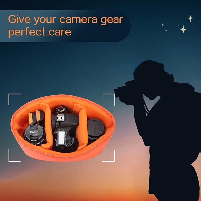 JAKAGO Shockproof Camera Insert Bag for SLR DSLR Mirrorless Camera Lens Flash Light Accessories Camera Pouch with Adjustable Dividers for Canon Nikon Sony Water Resistant Camera inner case(Orange)