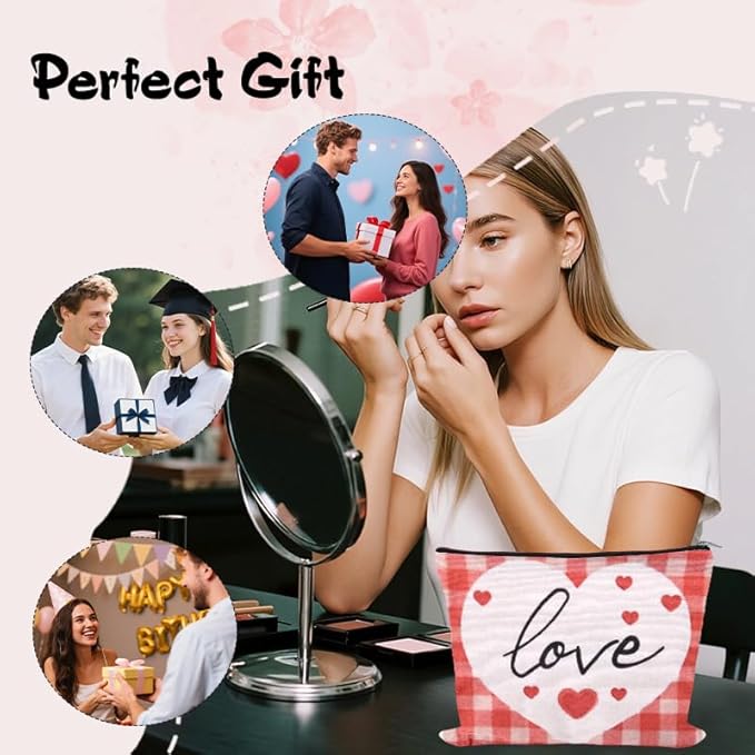 Valentines Day Toiletry Bag Pouch Love Heart Makeup Cosmetic Bag Engagement Anniversary Wedding Gifts Bags for Women Wife Girlfriend Fiancee Travel Make Up Bags Organizer Gf Graduation Bday Gift Idea