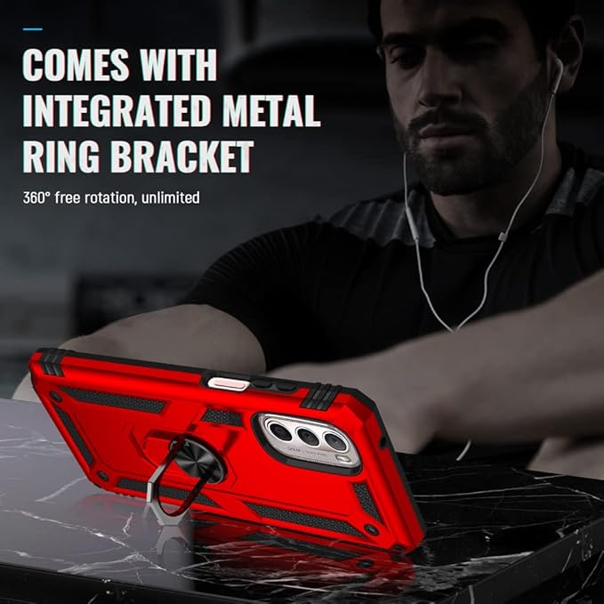 Androgate Compatible with Motorola Moto G Stylus 2022 4G Case with HD Screen Protector, Military-Grade Metal Ring Kickstand 15ft Drop Tested Shockproof Cover Case for Moto G Stylus 4G 2022, Red