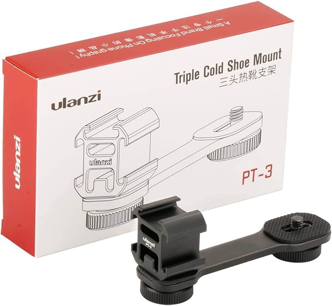 ULANZI PT-3 Triple Cold Shoe Mount Adapter Aluminium for Gimbal (DJI Osmo Mobile 2/3, Zhiyun, Feiyutech), Camera and Smartphone Vlog Video Microphone Extension Bar,Black