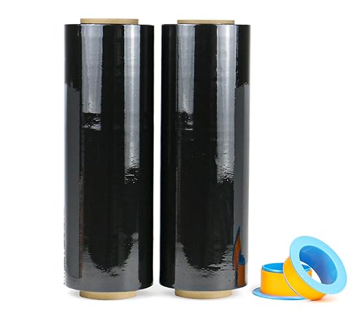 BOMEI PACK 2 Pack 1500ft Industrial Black Stretch Wrap Film 70 Gauge 15" with 3inch Plastic Rolling Handles for Pallet Wrap, Durable Self-Adhering Packing, Moving, Heavy Duty Shrink Film