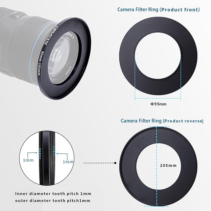 95mm-105mm Filter Ring Adapter,Filter Metal Step up Rings Compatible All 95mm Camera Lens Filter Accessory(UV,CPL,ND,105mm Threaded Lens) CNC Brass Production