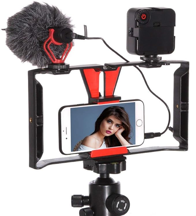 Smartphone Video Rig Mount Cage Hand Grip Stabilizer & Mini 49 LED Light & On-Camera Microphone Kit for iPhone 6 6s 7 8 Plus X Xs Max XR Samsung Note 8 9 Android (4in -7in)