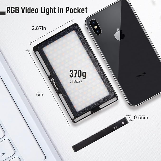 Moman Portable LED Video Light, Aluminum Alloy On-Camera Light, Built-in Battery & USB-C Charging, 2500K-8500K RGB Dimmable, CRI 96+ Photography Fill Light with 1/4" Screw for DSLR, Vlog, YouTube