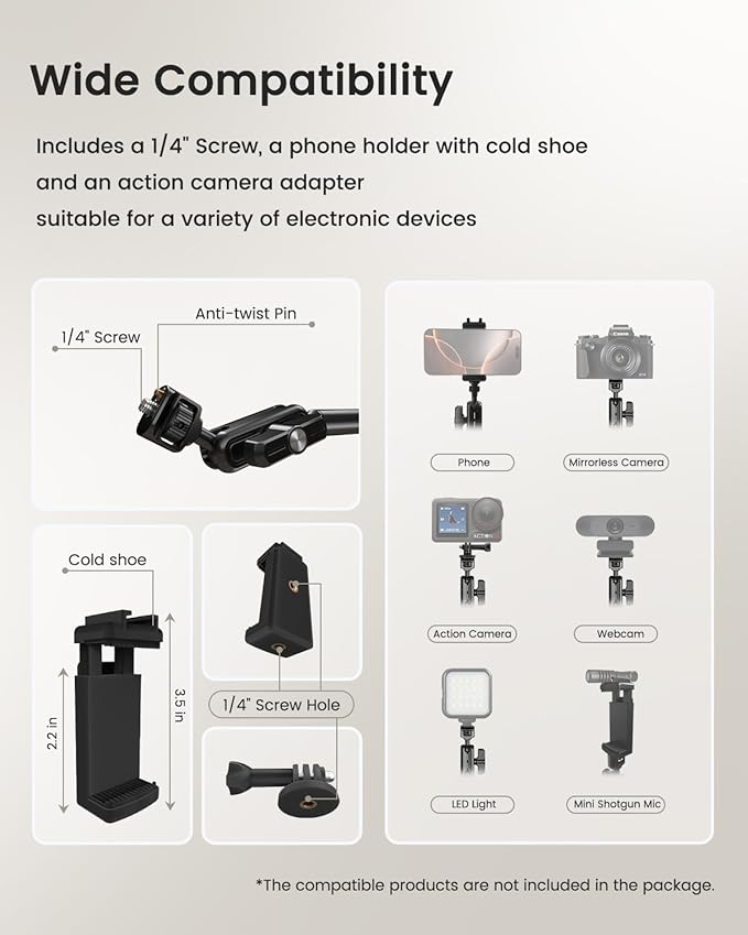 33" Magic Arm w Super Clamp, Overhead Camera Mount, Articulating Extended Friction Boom Arm w 1/4" Thread Adapter, for Mic, Light, Phone, Webcams, Action Camera