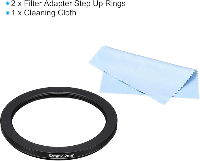 PATIKIL 62mm-52mm Metal Step Down Ring with Cleaning Cloth, 2 Pack Camera Lens Filter Adapter Ring Aluminum Filter Adapter Ring for Camera Lenses Hood, Black