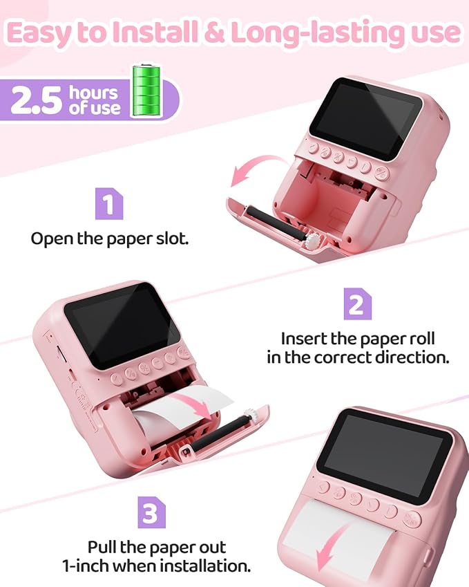 TIATUA Kids Camera Instant Print for Girls Ages 3-14, 3-inch HD Screen Camera for Kids with Printing Paper, 1080P Digital Toddler Toys for 4 5 6 7 8 9 10 11 12 Years Old (Pink)
