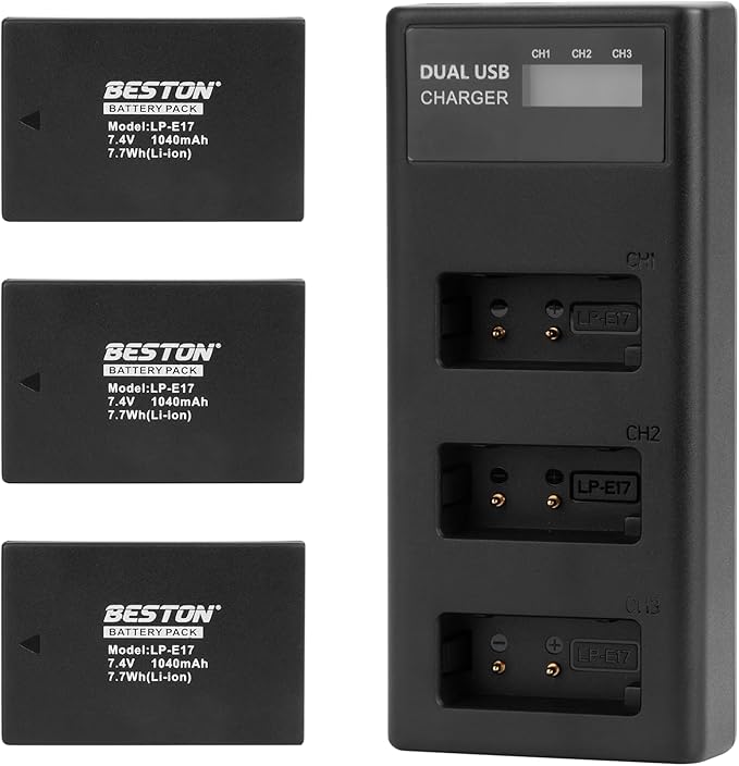 BESTON 3-Pack LP-E17 Battery and Charger Set for Canon EOS R50 R100 RP R10 R8, Rebel T8i, T7i, T6i, T6s, SL2, SL3, EOS M3, M5, R10, M6 Mark II, 77D, 200D, 750D, 760D, 800D, 8000D Camera