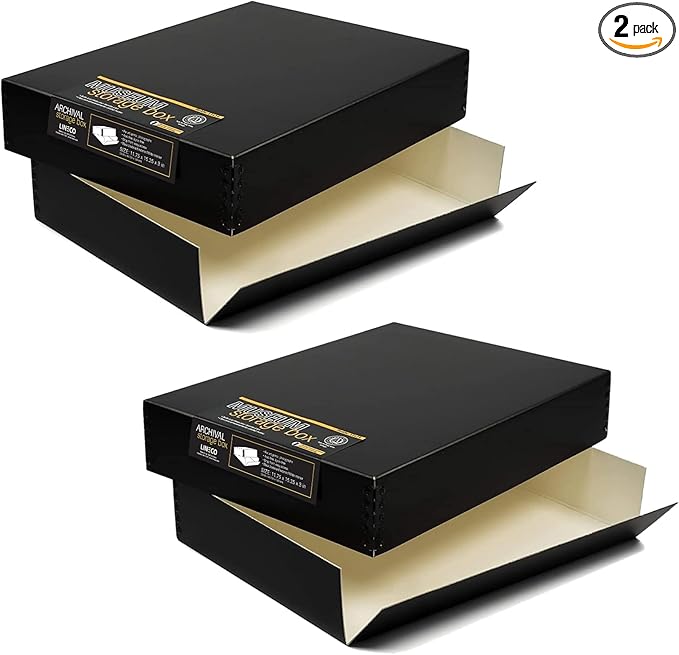 Lineco, 11x14 Museum Storage Box Black, Archival Quality Acid-Free Buffered Drop Front Design with Metal Edges Removable Lid, 11 3/4x15.25x3 In (2 Pack)