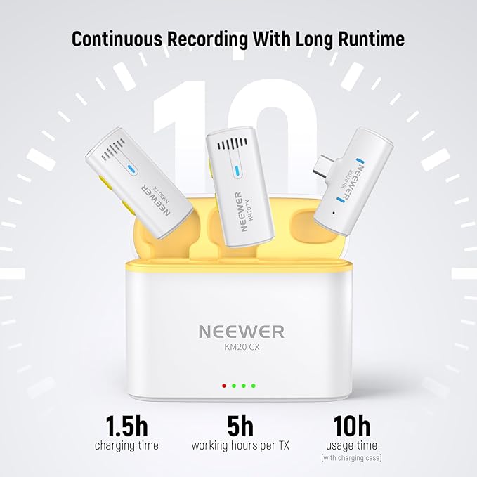 NEEWER Wireless Lavalier Microphone System for iPhone, Mini Clip on Lapel Mic Set with 2 USB C Transmitters/4 Receivers/OTG Adapter Compatible with iPhone Android Phone Computer Tablet, White, KM20