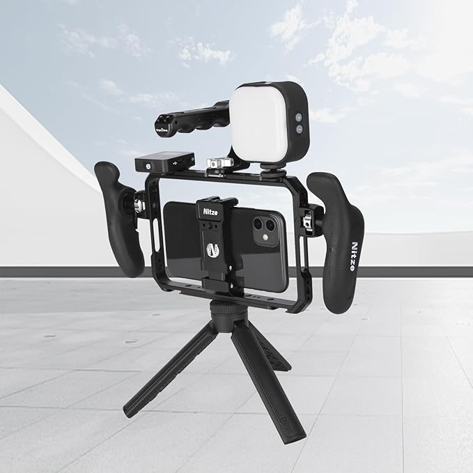 Nitze Smartphone Cage, Aluminum Phone Video Rig, with Adjustable Cellphone Clamp, 5 Built-in Cold Shoes, for Videomaker, Videographer, Vlogger and Youtuber - T-MP01A