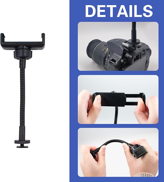 Universal Camera Phone Holder with Hot Shoe and 1/4" Screw Adapter, Adjustable Flexible Gooseneck Arm Cell Phone Mount Attachment Replacement for Camera, Ring Light and Tripod Stand