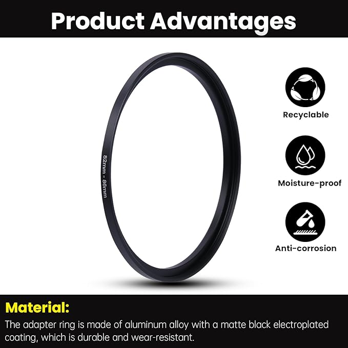 Metal Step Up Ring Filter Adapter - 82mm to 86mm - Metal Ring Step Up Rings Adapter Filter Compatible with All 86mm UV, CPL, ND, Lens Hood, Threaded Lens ect