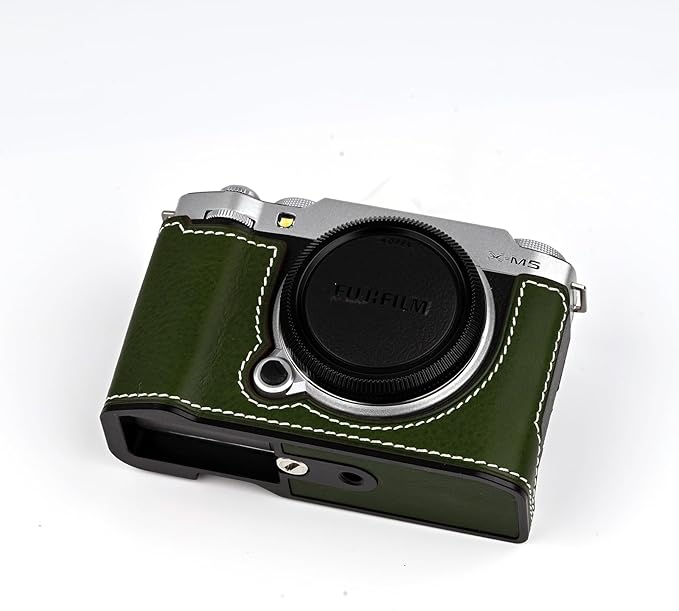 Handmade Genuine Leather Camera Half Case for Fujifilm X-M5/Fujifilm X-M5 Camera Case/Fujifilm X-M5 Case - Top Layer Cowhide Body + Metal Base Plate (Green M-Box)