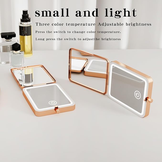 Compact Makeup Mirror with Lights, Rechargeable Dimmable 3 Color Lighting 3X Magnification LED Mirror for Pocket, Purse, Travel Portable Folding Hand, Gifts for Wife I Love You Wife Rose Gold (Wife)