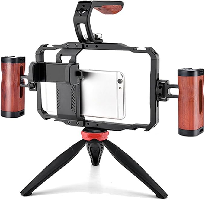 Smartphone Video Rig Kit with Handle, Aluminum Alloy Detachable Dual Wooden Handles Phone Video Stabilizer Grip Tripod Mount for Vlog Video Live Streaming