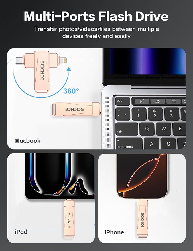 SCICNCE 128GB Flash Drive Intended for iPhone, USB Memory Stick Storage Backup for Photos Videos, Plug and Play No APP Required, Compatible with iPhone iPad Android and Computers (Rose Gold)