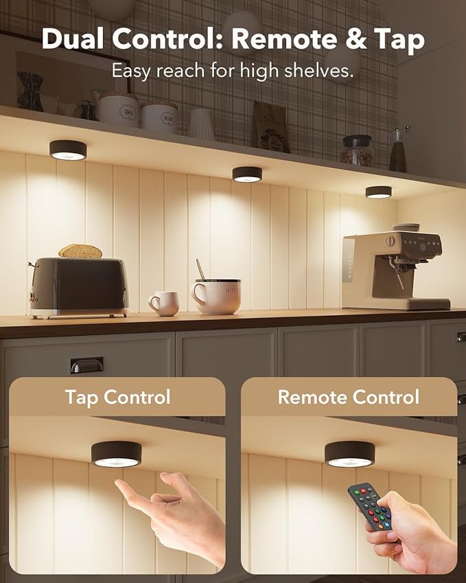 Rechargeable Puck Lights with Remote Control, 2400mAh Battery Stick On Spot Lights Indoor for Cupboards, RGB+3CCT, 4 Packs
